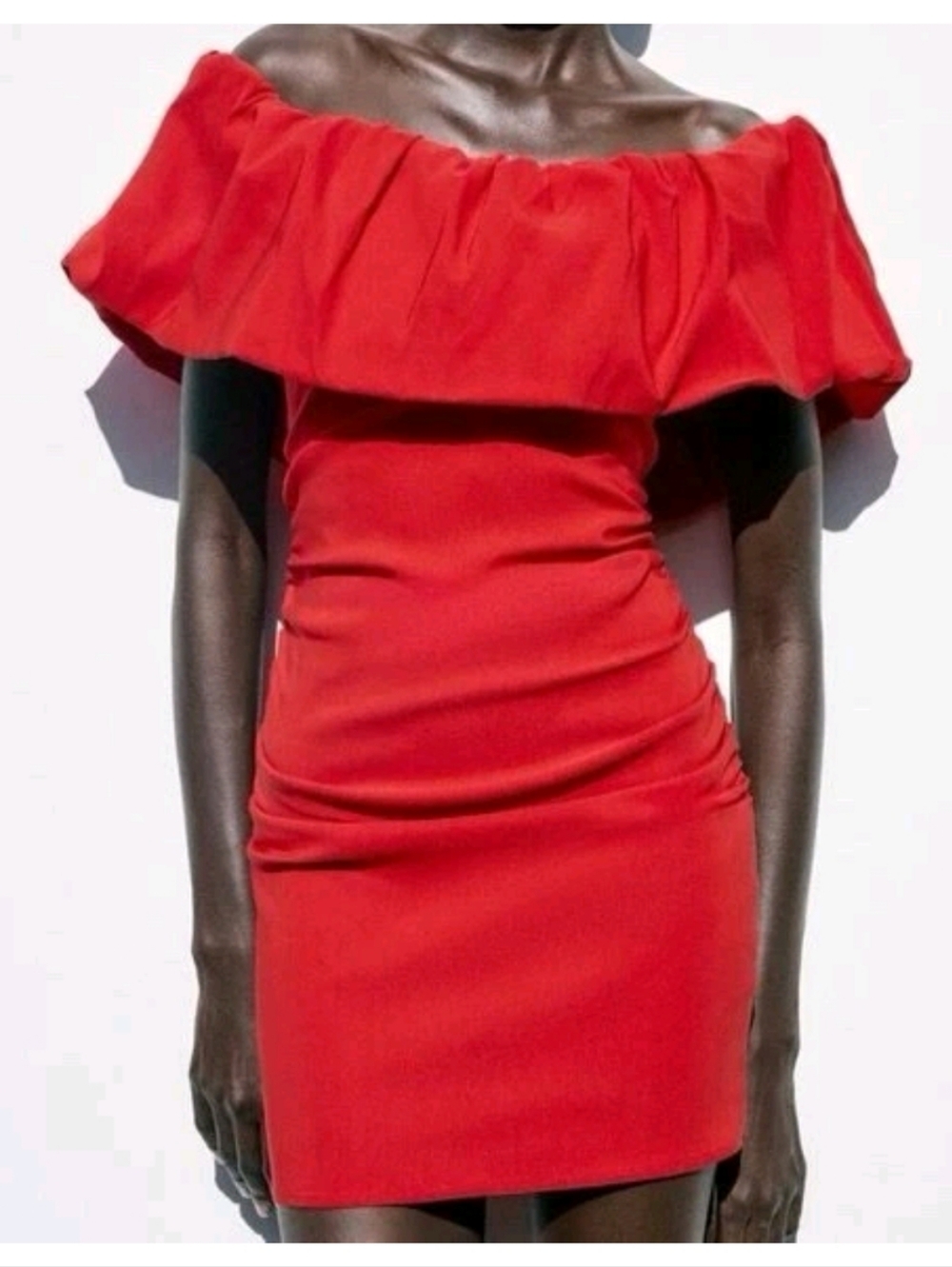 Zara Red Off-Shoulder Ruffle Ruched Bodycon Dress Women's S Mini